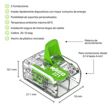 Cargar imagen en el visor de la galería, Wago Conector de Empalme Eléctrico de Palanca 2 Polos hecho de plástico reciclado 100 piezas